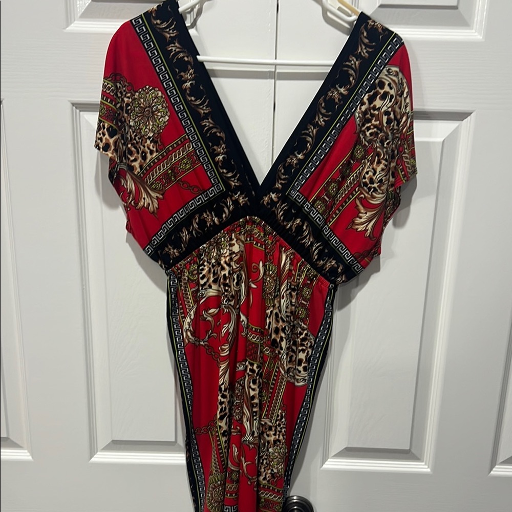 Red and Black V-Neck Dress with Leopard Print